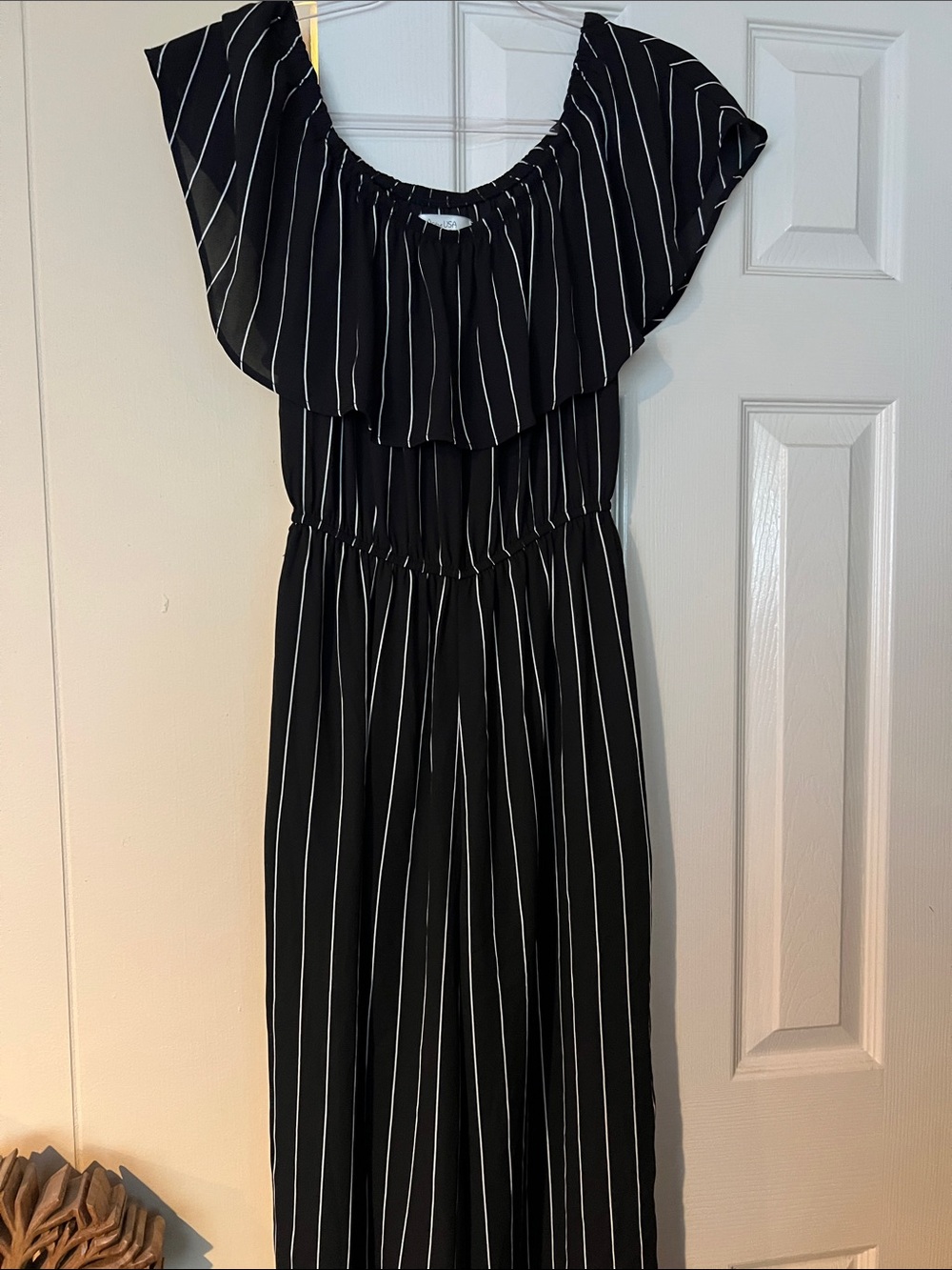 Active USA Black & White Pinstripe Off-Shoulder Jumpsuit